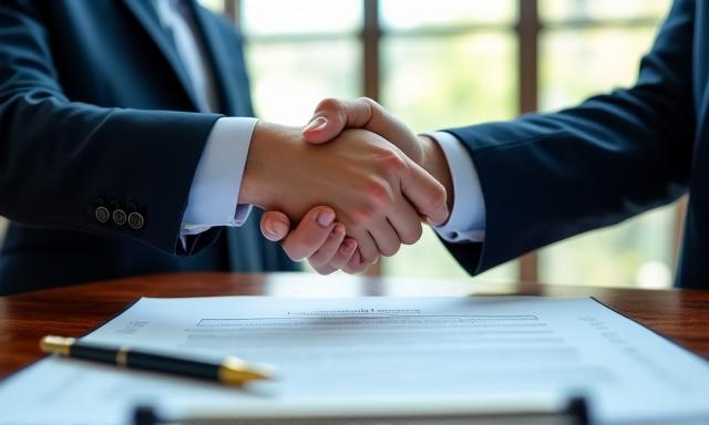 Stretta di mano e documenti legali suggerendo l'importanza del contratto scritto